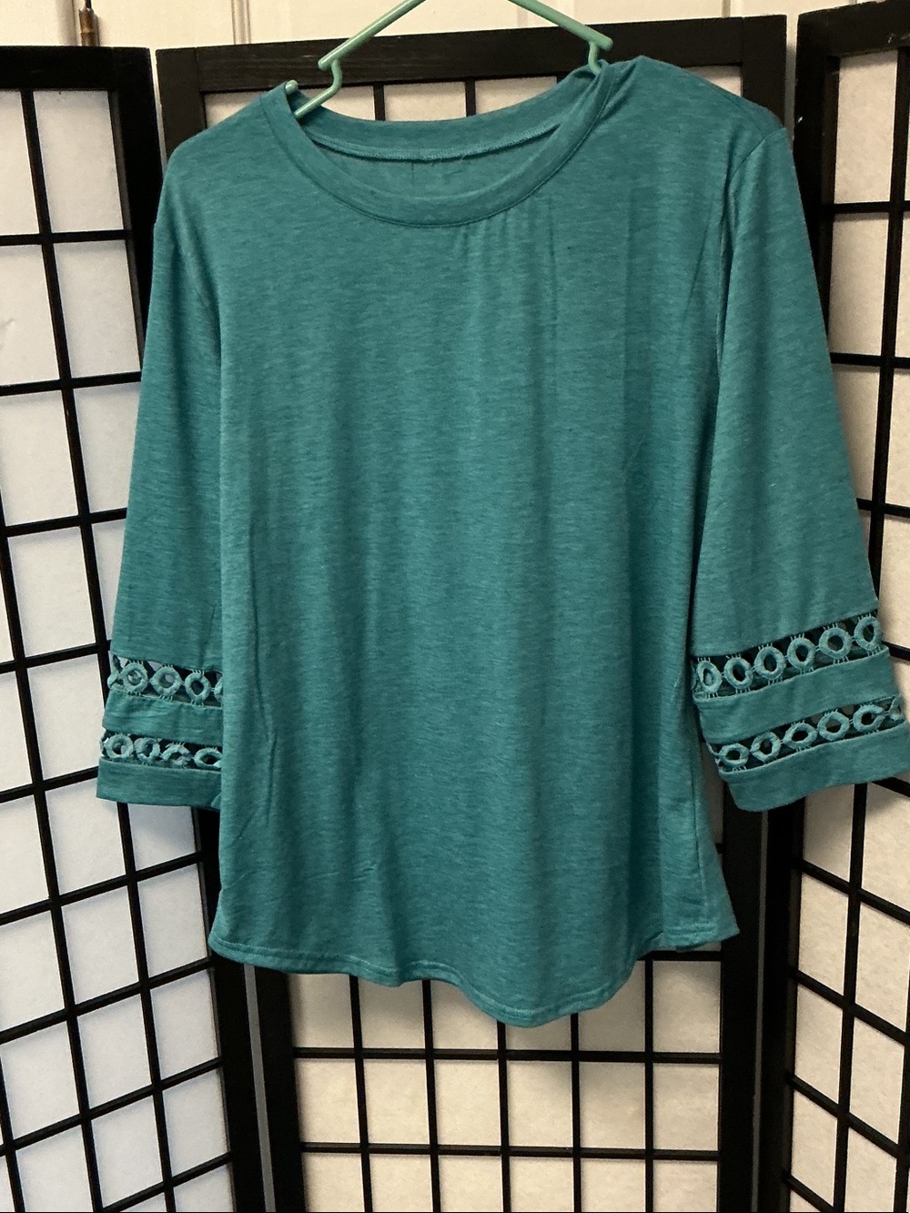 JM Collection Teal Crochet-Trim Round Neck Long Sleeve Top